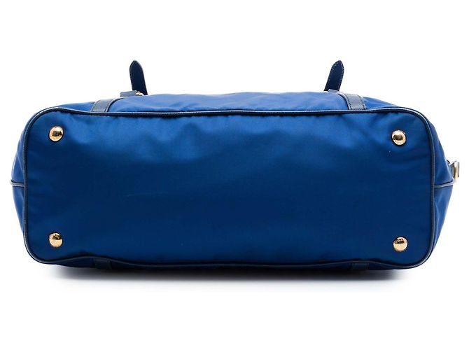 Borsa Tote Convertible Prada Blue Saffiano Trimmed Tessuto Zip Top - vista 3