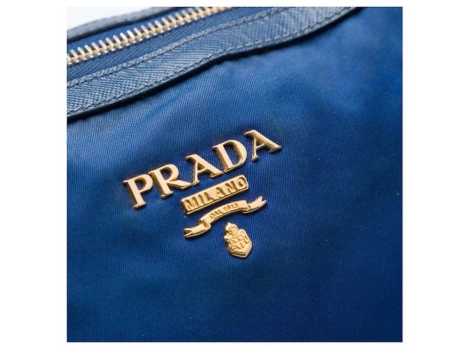 Borsa Tote Convertible Prada Blue Saffiano Trimmed Tessuto Zip Top - vista 4