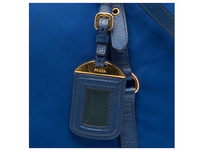 Borsa Tote Convertible Prada Blue Saffiano Trimmed Tessuto Zip Top - vista 6