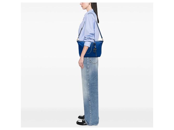 Borsa Tote Convertible Prada Blue Saffiano Trimmed Tessuto Zip Top - vista 7