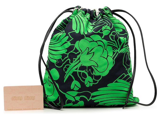 Miu Miu Kordelzug-Beutel aus schwarzem Canvas mit botanischem Blumenprint - Ansicht 7