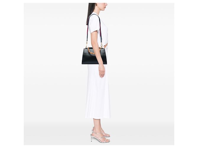 Bamboo Borsa Nymphaea in pelle di vitello nera e bambù con web Gucci, piccola Nero - vista 7