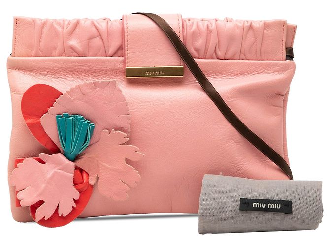 Clutch Miu Miu in agnello rosa con applicazione floreale e tracolla - vista 8