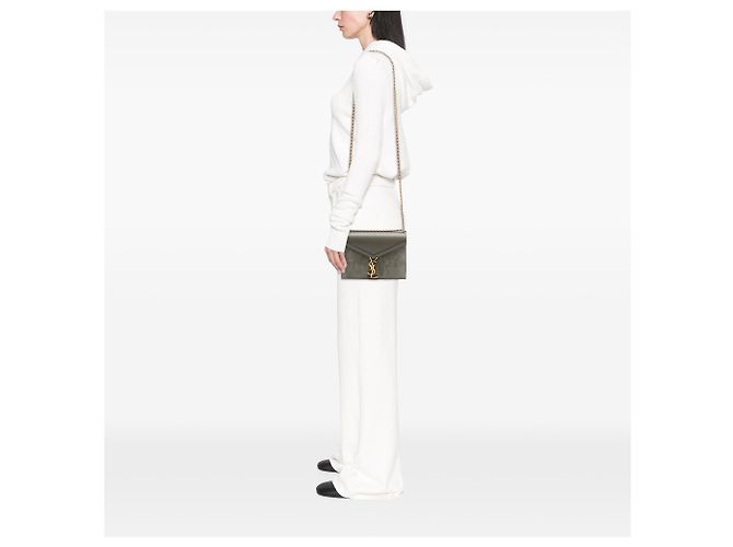 Borsa Saint Laurent Cassandra con chiusura monogramma in scamosciato marrone e pelle di vitello Cachi - vista 7