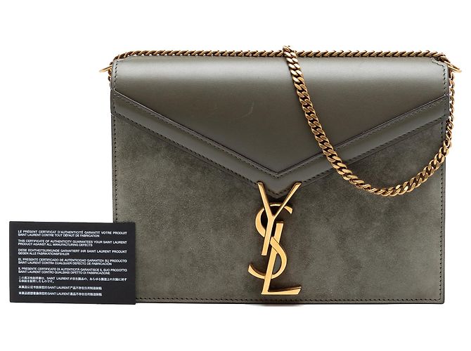 Borsa Saint Laurent Cassandra con chiusura monogramma in scamosciato marrone e pelle di vitello Cachi - vista 8