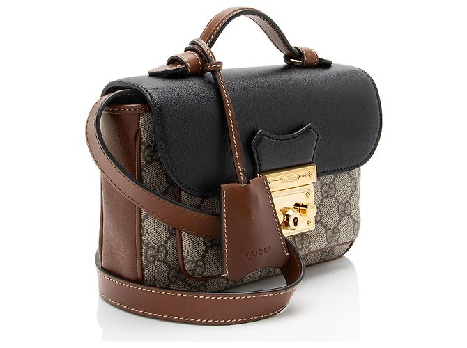 Padlock Mini tracolla Gucci GG Supreme in pelle con lucchetto Marrone Beige - vista 2