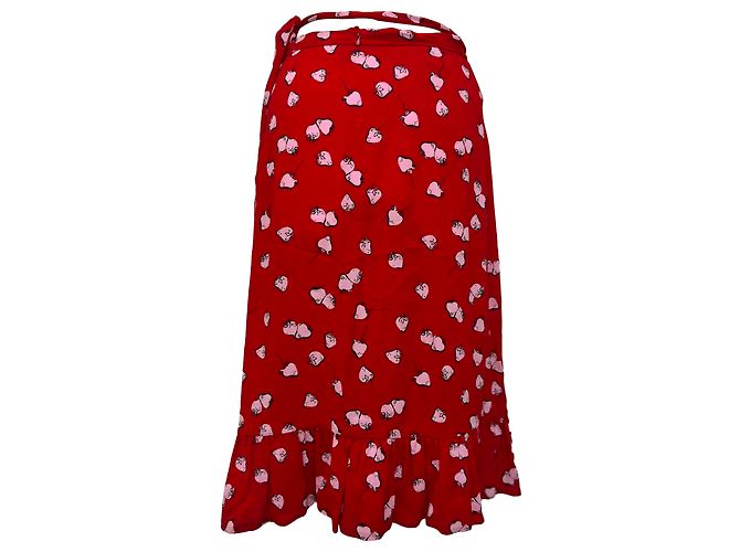 Saia midi transpassada Miu Miu com estampa de morango em viscose vermelha Vermelho - vista 3