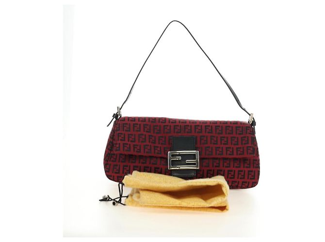 Bolso de hombro FENDI Zucchino Canvas Mamma Baguette Rojo Plata Auténtico 185835SAM Roja - vista 12