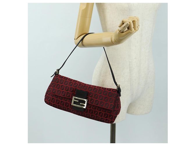 Bolso de hombro FENDI Zucchino Canvas Mamma Baguette Rojo Plata Auténtico 185835SAM Roja - vista 26
