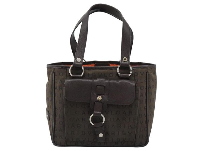 Bulgari Borsa BVLGARI Logo Mania in tela marrone e argento Auth hk3805 - vista 13