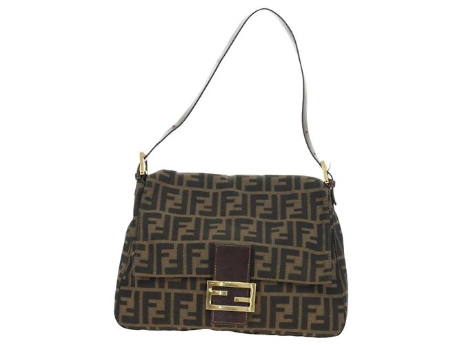 FENDI Zucca Canvas Mamma Baguette Shoulder Bag Black Brown Auth 186461V Marrone Nero - vista 13