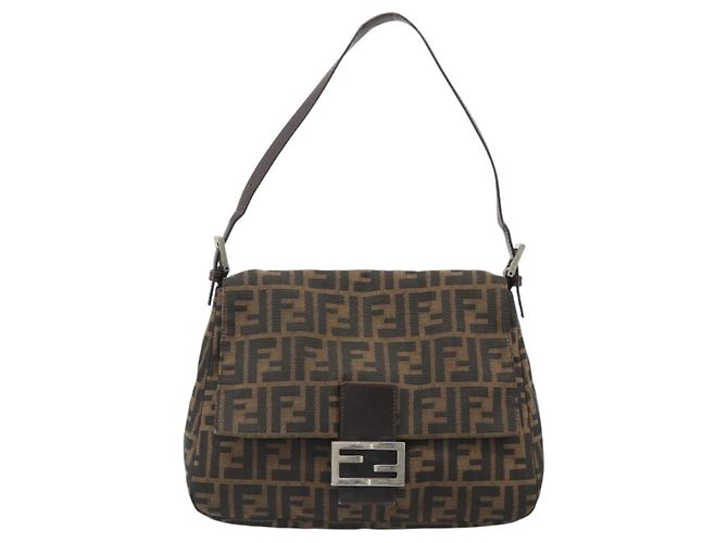 FENDI Zucca Canvas Mamma Baguette Bolsa de Ombro Preto Prata Marrom Autêntica 187420V - vista 13