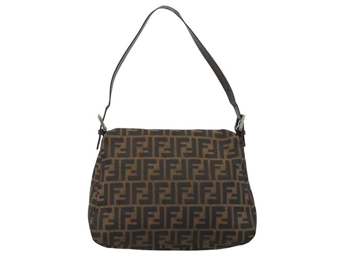 FENDI Zucca Canvas Mamma Baguette Bolsa de Ombro Preto Prata Marrom Autêntica 187420V - vista 2