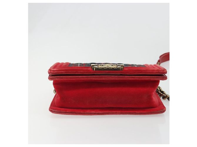 CHANEL Boy Chanel Chain Shoulder Bag Velor Red Gold CC Auth mr2605SAV Rosso D'oro - vista 5