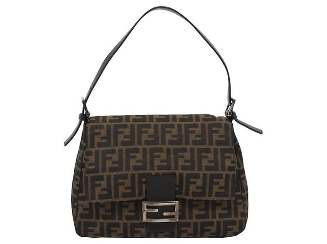 FENDI Zucca Canvas Mamma Baguette Borsa a Spalla Nero Argento Marrone Auth 186462V - vista 13