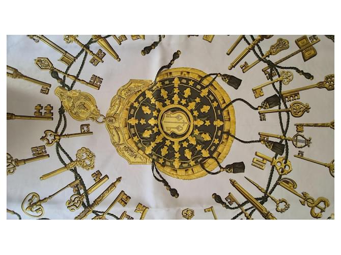 Hermès Pañuelo de seda "Les Clés" Castaño Blanco Dorado Verde - vista 8