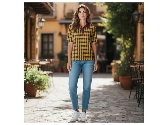 Tory Burch Polo a maniche corte in maglia jacquard geometrica - Giallo/Bordeaux - vista 3