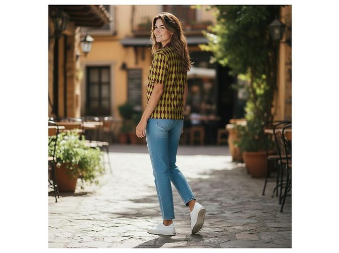 Tory Burch Polo a maniche corte in maglia jacquard geometrica - Giallo/Bordeaux - vista 7