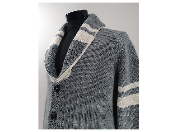 Roberto Collina graue Wollstrickjacke mit Streifen Weiß - Ansicht 2