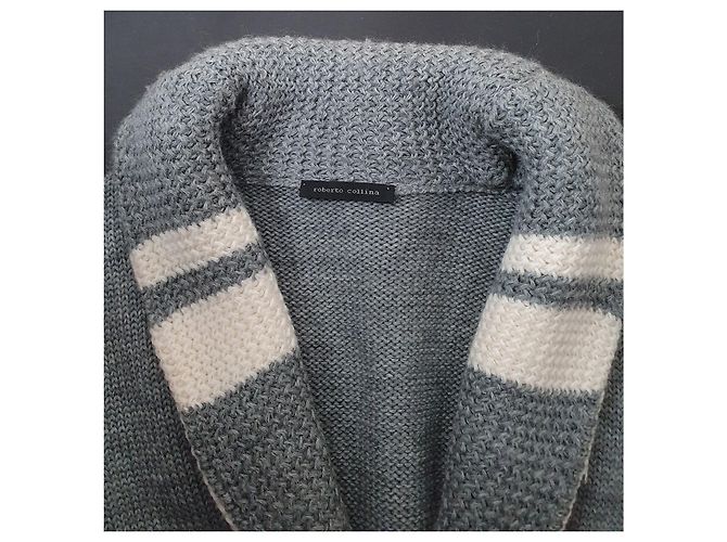 Roberto Collina graue Wollstrickjacke mit Streifen Weiß - Ansicht 4
