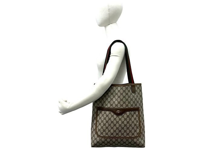 Borsa Tote GUCCI Vintage Sherry Line GG Logo Marrone Rosso Verde - vista 2
