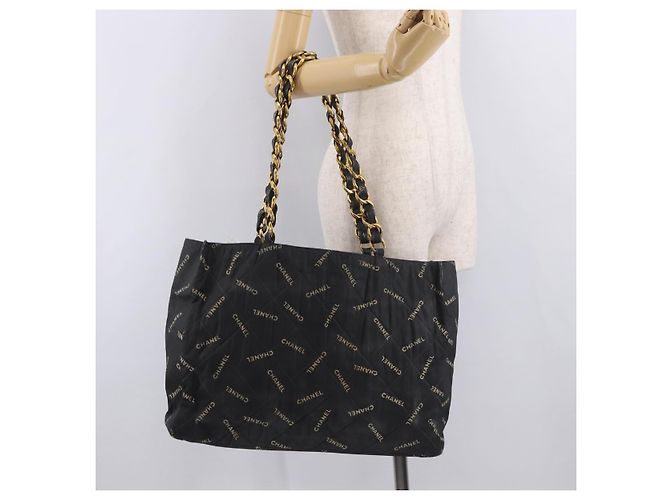 CHANEL Matelasse Chain Tote Bag Lona Recubierta Negro Oro CC Auth bs35682 Dorado - vista 21