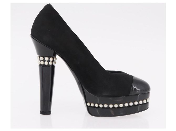 Escarpines CHANEL Pearl Suede 35 1/2 Black CC Auth am11955M Negro - vista 22