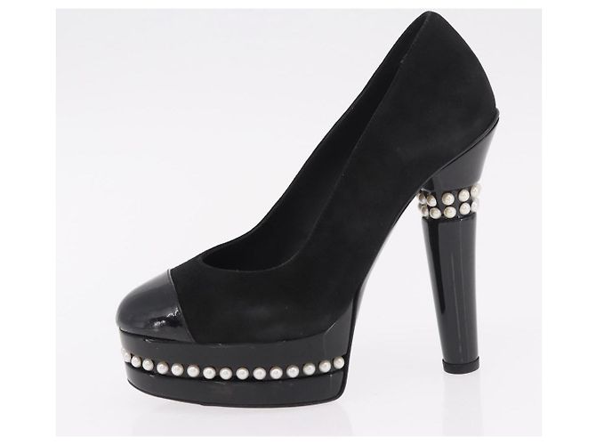 Escarpines CHANEL Pearl Suede 35 1/2 Black CC Auth am11955M Negro - vista 23