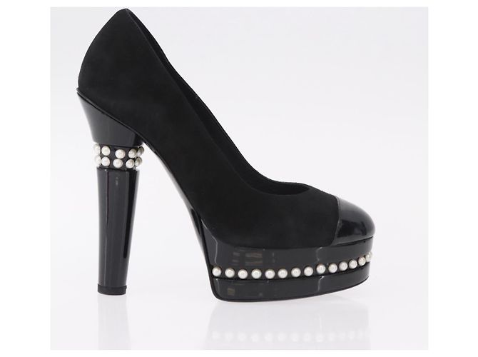 Escarpines CHANEL Pearl Suede 35 1/2 Black CC Auth am11955M Negro - vista 4