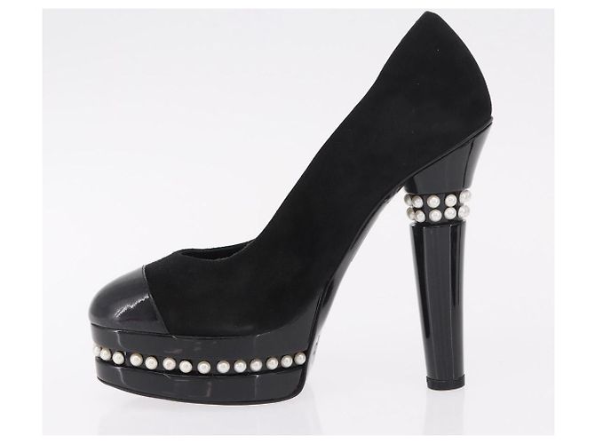 Escarpines CHANEL Pearl Suede 35 1/2 Black CC Auth am11955M Negro - vista 5