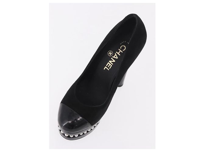 Escarpines CHANEL Pearl Suede 35 1/2 Black CC Auth am11955M Negro - vista 6