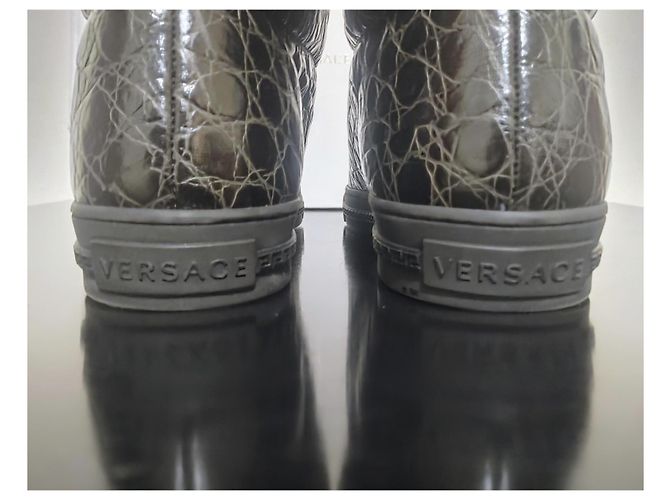 Versace Palazzo Croco Embossed Leather Medusa Sneaker Alte Nero D'oro - vista 10