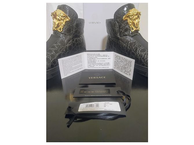 Versace Palazzo Croco Embossed Leather Medusa Sneaker Alte Nero D'oro - vista 11