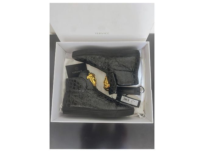 Versace Palazzo Croco Embossed Leather Medusa Sneaker Alte Nero D'oro - vista 12