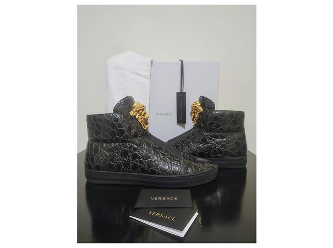 Versace Palazzo Croco Embossed Leather Medusa Sneaker Alte Nero D'oro - vista 2