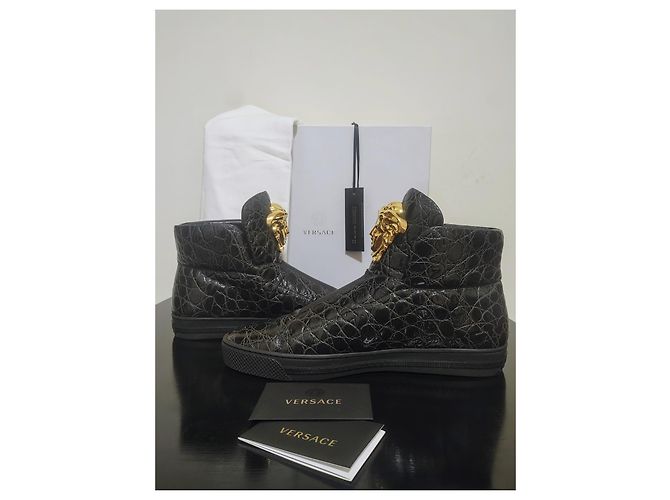 Versace Palazzo Croco Embossed Leather Medusa Sneaker Alte Nero D'oro - vista 3