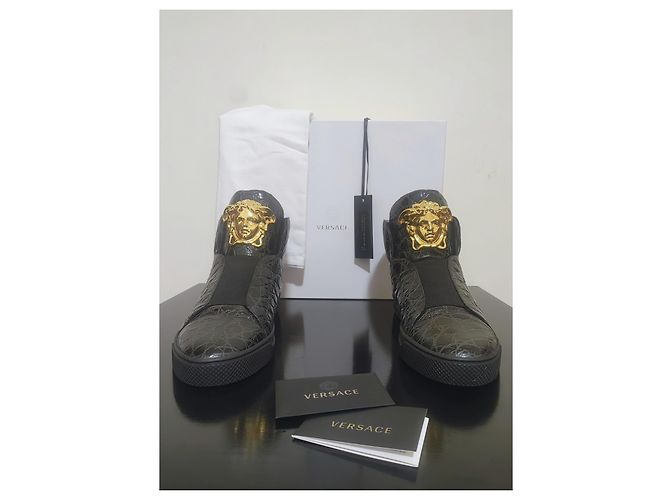 Versace Palazzo Croco Embossed Leather Medusa Sneaker Alte Nero D'oro - vista 4