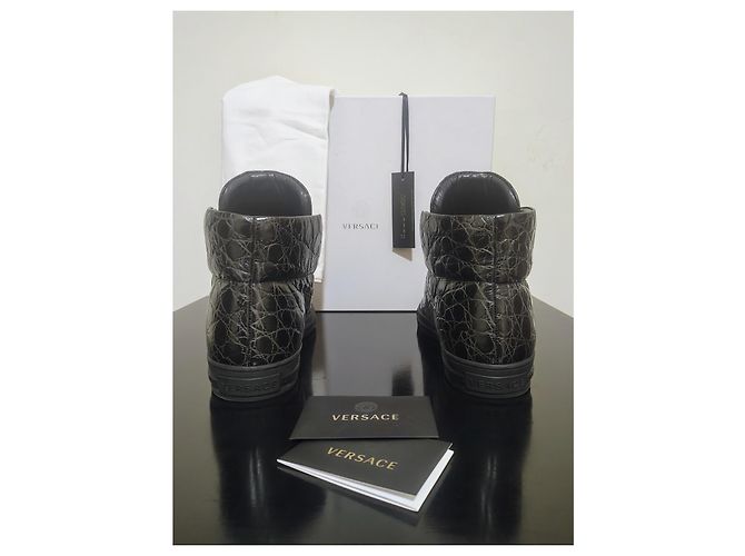 Versace Palazzo Croco Embossed Leather Medusa Sneaker Alte Nero D'oro - vista 5
