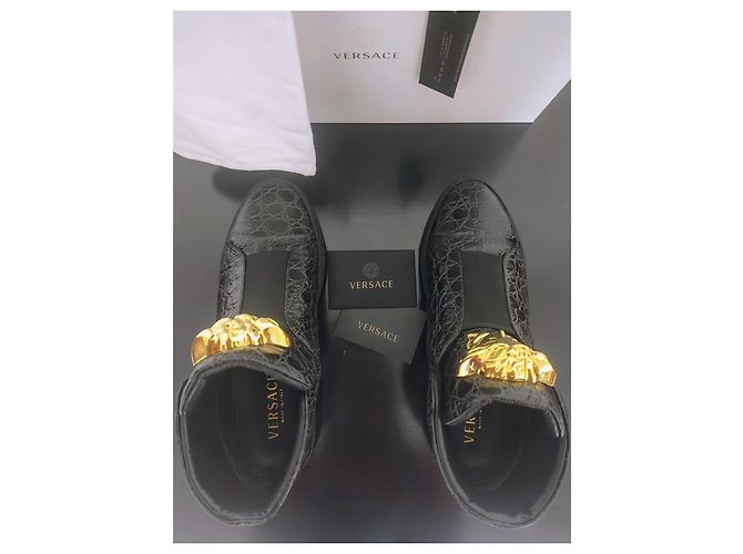 Versace Palazzo Croco Embossed Leather Medusa Sneaker Alte Nero D'oro - vista 6