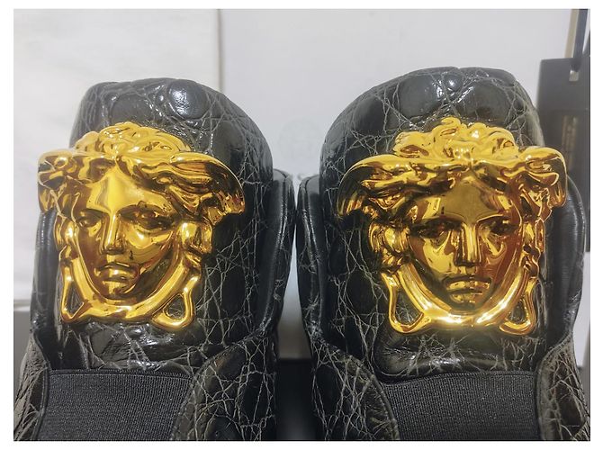 Versace Palazzo Croco Embossed Leather Medusa Sneaker Alte Nero D'oro - vista 9