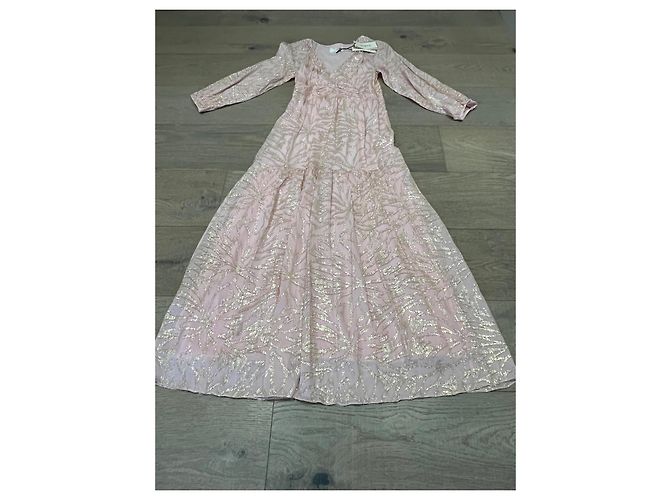 Vestido largo Ba&sh rosa con estampado botánico dorado - vista 10