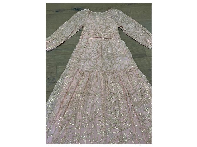 Vestido largo Ba&sh rosa con estampado botánico dorado - vista 17