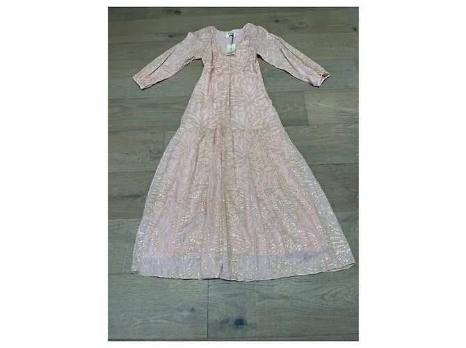 Vestido largo Ba&sh rosa con estampado botánico dorado - vista 4