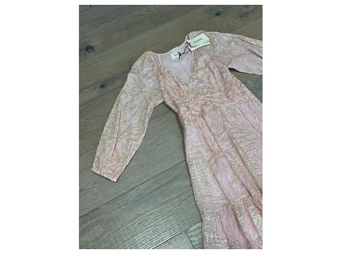 Vestido largo Ba&sh rosa con estampado botánico dorado - vista 6