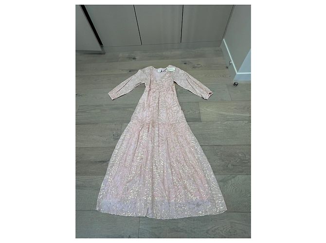 Vestido largo Ba&sh rosa con estampado botánico dorado - vista 9