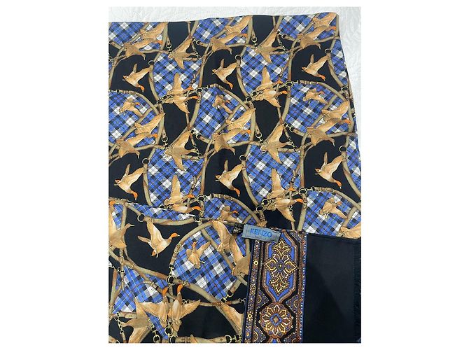 Kenzo Pañuelo de Seda Estampado Patos Castaño Negro Azul Dorado - vista 2