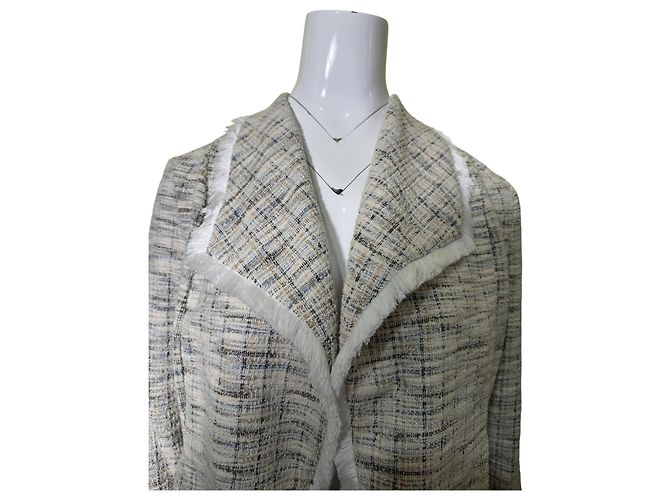 Rachel Zoe Jaqueta de Tweed com Franjas Branco Azul Bege Castanho claro - vista 4