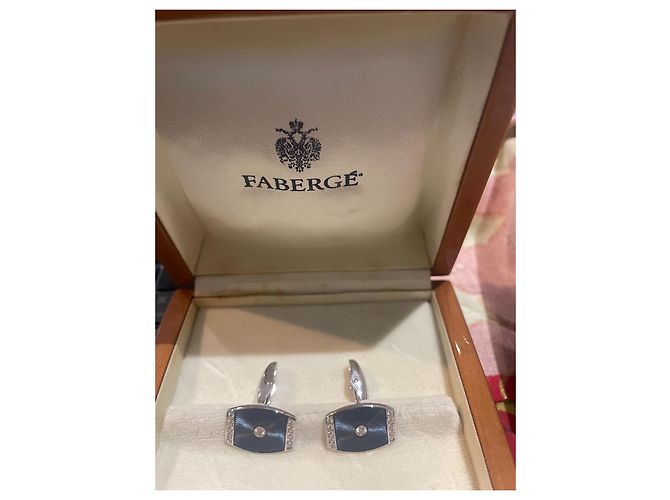 Faberge Blue Enamel and Diamond Cufflinks White Silver hardware - view 2