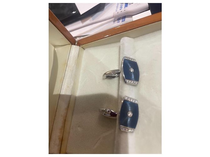 Faberge Blue Enamel and Diamond Cufflinks White Silver hardware - view 4
