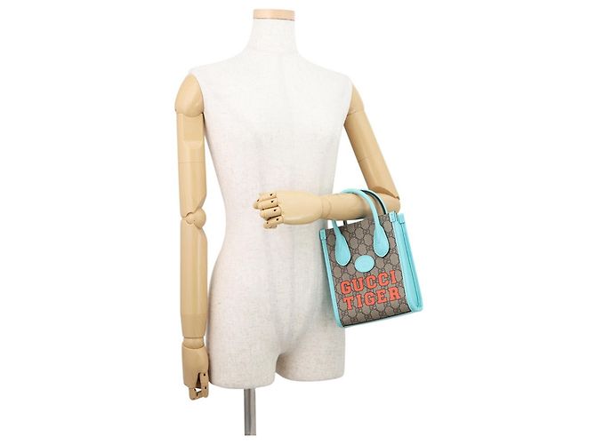 Borsa Gucci Interlocking G Tiger GG Supreme Beige Arancione Blu chiaro - vista 4